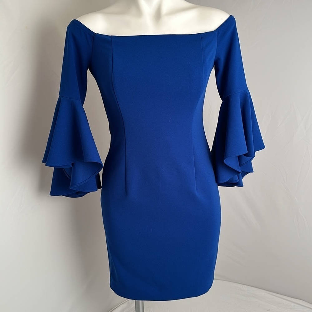 Calvin Klein blue off the shoulder sheath dress